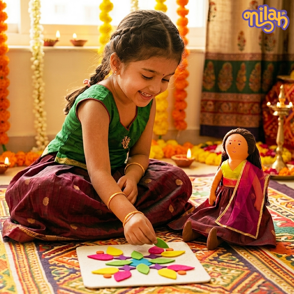 Nilah's Diwali Hamper - Safe, Washable, ISI-Certified Fabric Dolls | 12" | Gift Hamper for Diwali| 1 doll with festive wear | 2 extra garments | 1 Rangoli set