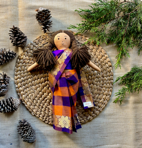 Nilah in Purple & Orange Madras Checks Saree (With Border)