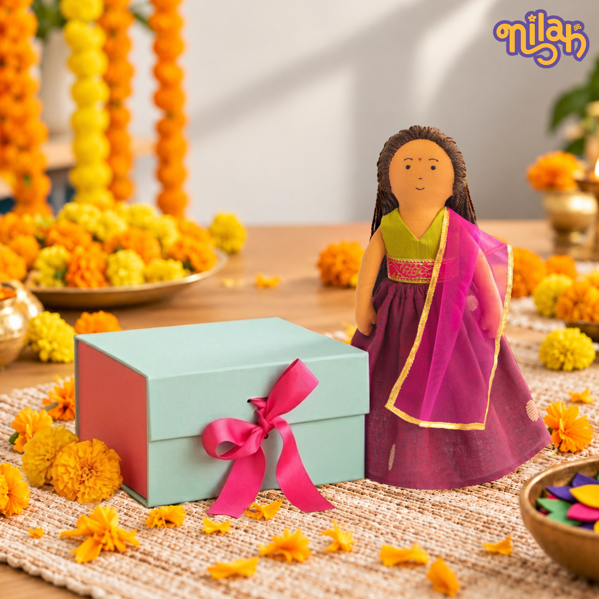 Nilah's Diwali Hamper - Safe, Washable, ISI-Certified Fabric Dolls | 12" | Gift Hamper for Diwali| 1 doll with festive wear | 2 extra garments | 1 Rangoli set