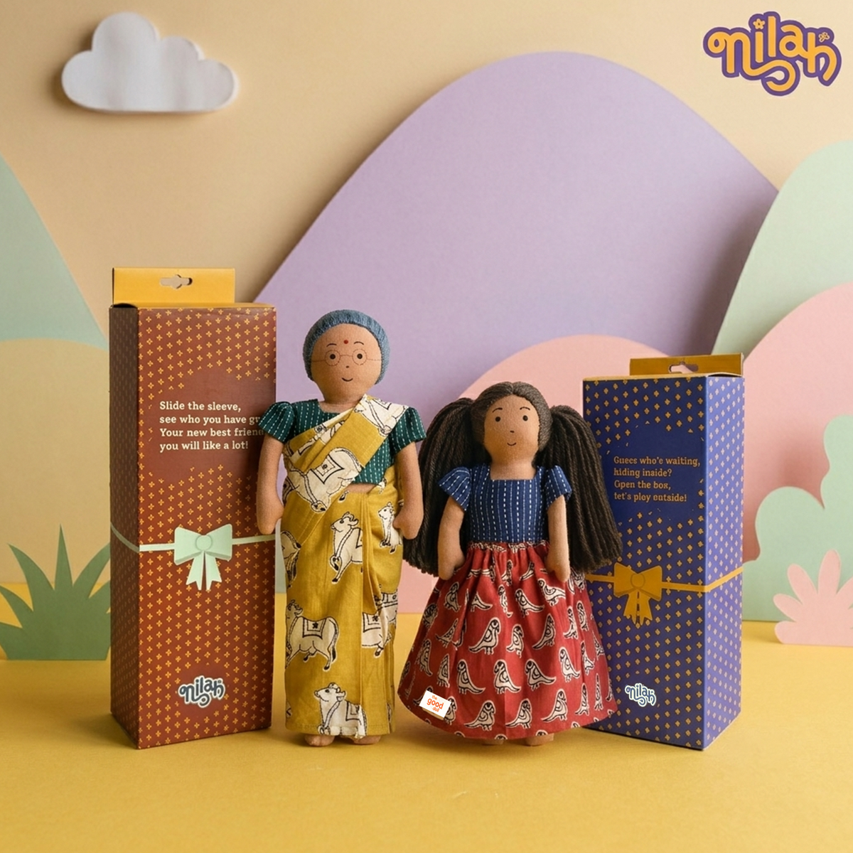 Mira & Paati – Handmade Soft Doll Set of 2 | Safe, Washable, ISI-Certified Fabric Dolls | 9" & 12" | Gift-Ready