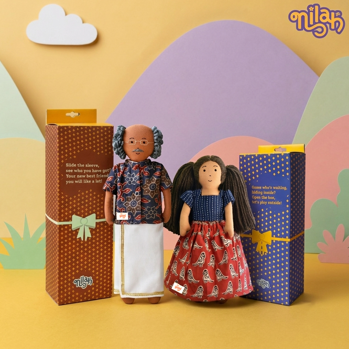 Mira & Thatha – Handmade Soft Doll Set of 2 | Safe, Washable, ISI-Certified Fabric Dolls | 9" & 12" | Gift-Ready