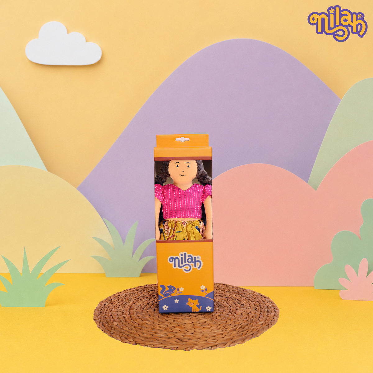 Nilah – Handmade Soft Doll for Kids in Bright Pink & Yellow Floral skirt set