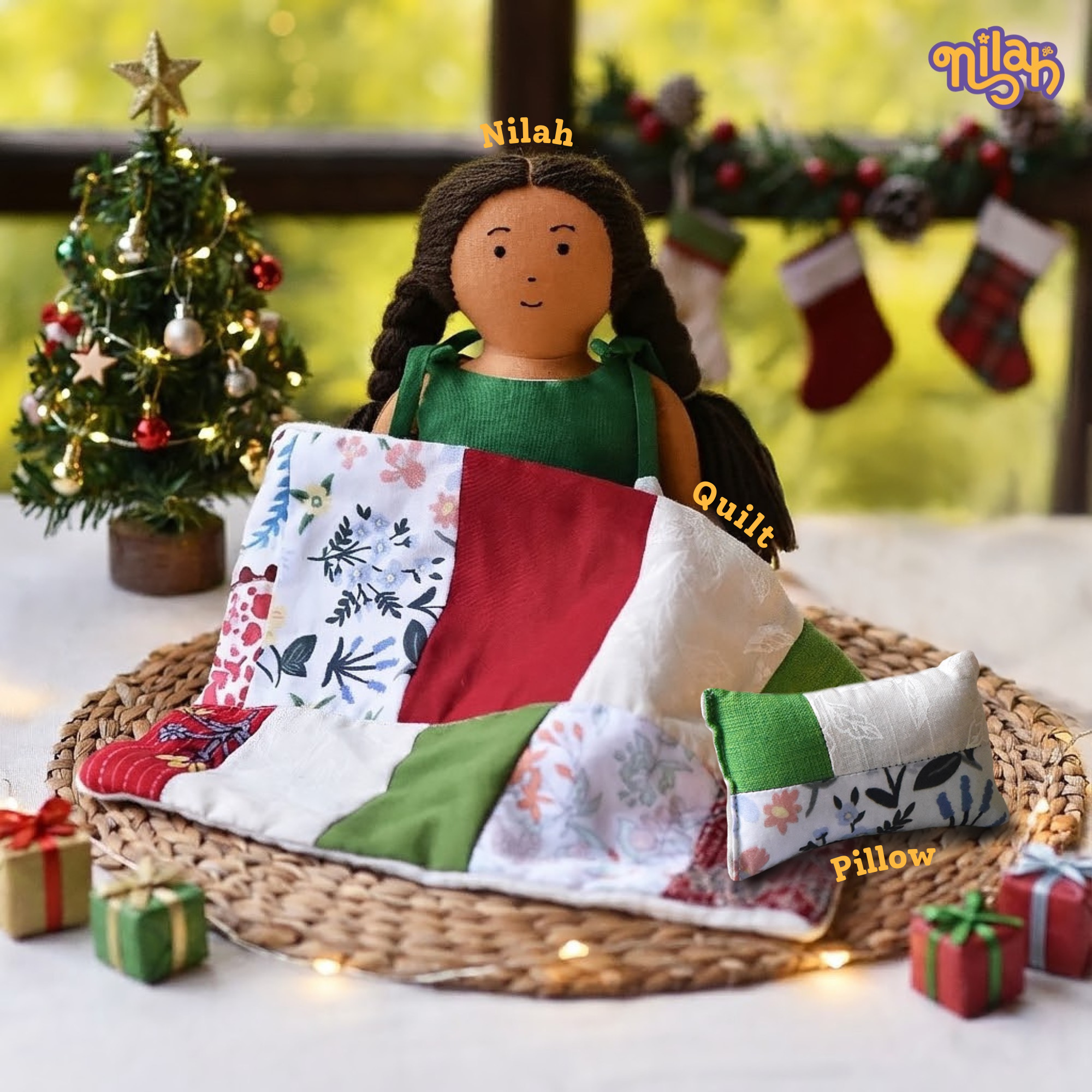 Nilah snuggling into her Christmas quilt & pillow