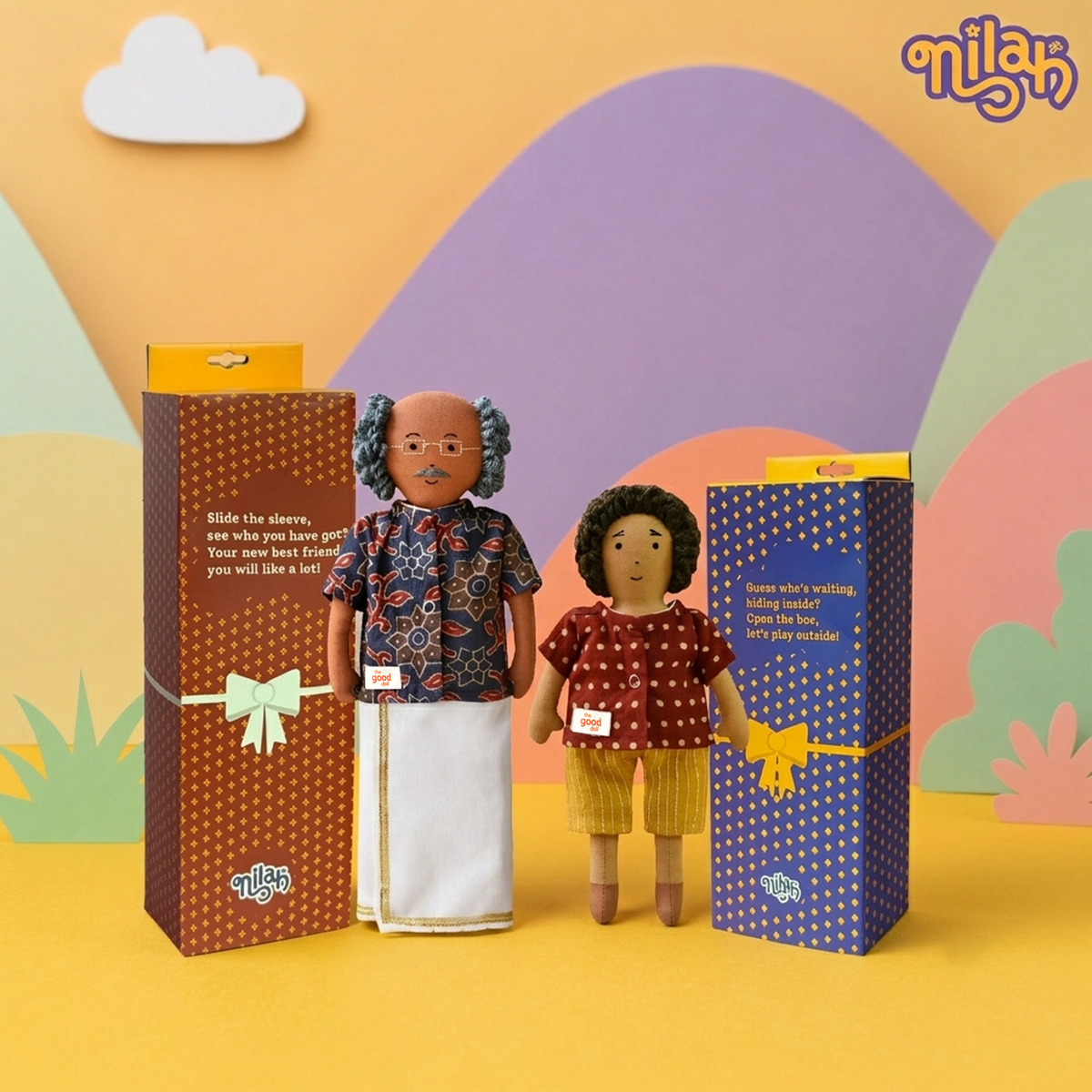 Raagu & Thatha – Handmade Soft Doll Set of 2 | Safe, Washable, ISI-Certified Fabric Dolls | 9" & 12" | Gift-Ready