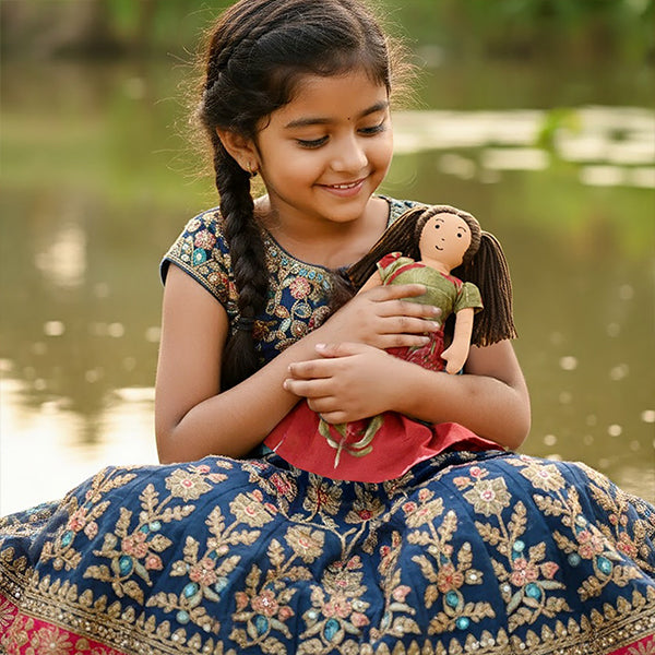 Mira – Handmade Soft Doll for Kids in Green & Red Floral Skirt Set