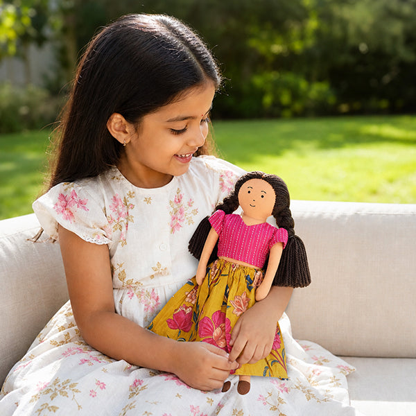 Nilah – Handmade Soft Doll for Kids in Bright Pink & Yellow Floral skirt set