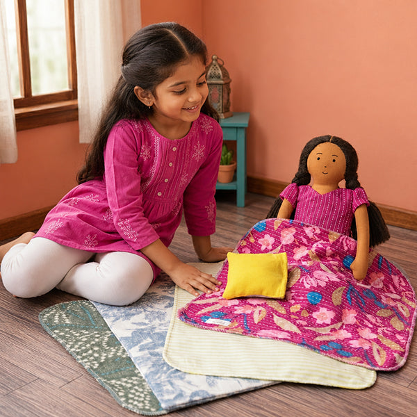 Nilah – Handmade Soft Doll for Kids in Fuchsia Pink & Yellow Floral skirt set
