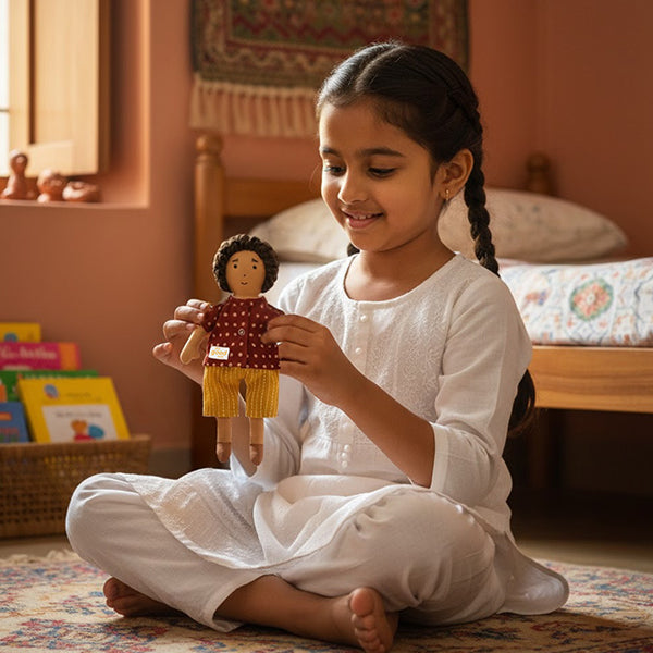 Raagu – Handmade Soft Doll for Kids in Maroon Polka Dot Shirt & Yellow Shorts