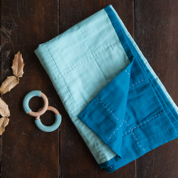 New Born Quilt with set of 2 teethers, Kathi Blue